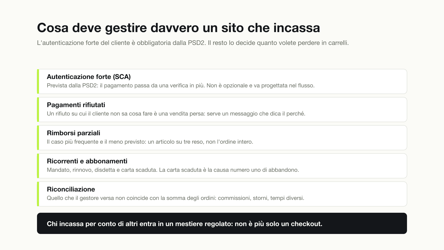 I cinque casi che un sito che incassa deve gestire: l'autenticazione forte prevista dalla PSD2, i pagamenti rifiutati con un messaggio che spieghi il motivo, i rimborsi parziali, i pagamenti ricorrenti con il problema della carta scaduta e la riconciliazione fra quello che versa il gestore e la somma degli ordini.
