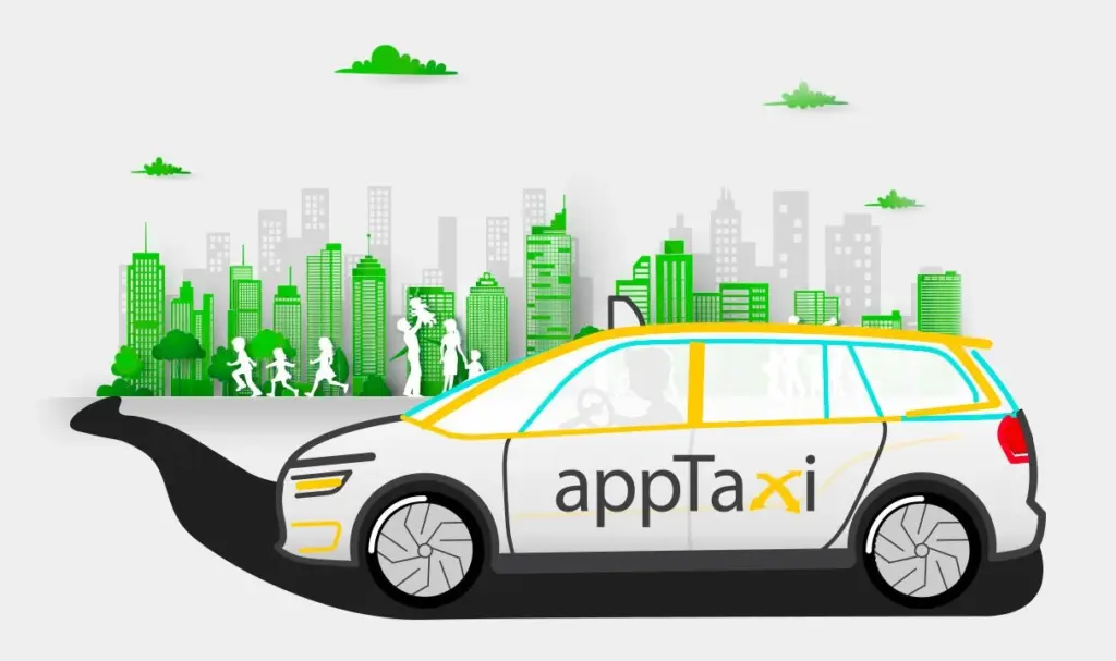 Illustrazione di un’app di taxi con auto brandizzata AppTaxi in città